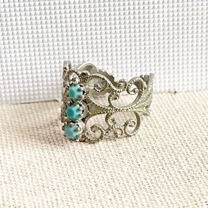 Vintage Silver Tone Filigree Faceted Turquoise Stone Adjustable Ring